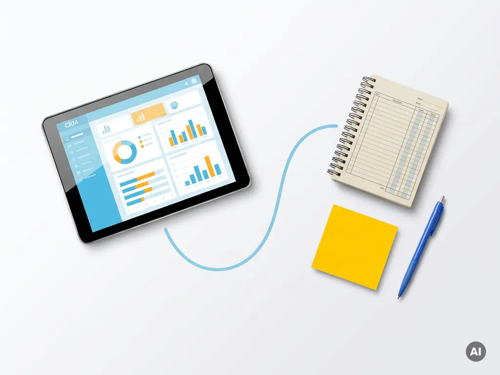 Tablet met kleurrijk CRM-dashboard verbonden aan een boekhoudboek, sticky note en pen op wit oppervlak.