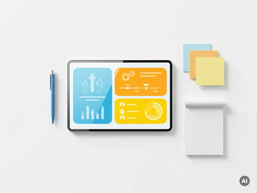 Tablet met kleurrijk CRM-dashboard in blauw, oranje en geel, omringd door pen, sticky notes en notitieblok op wit bureau.