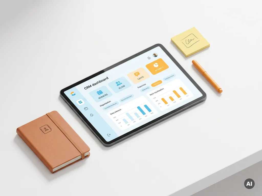 Tablet met kleurrijk CRM-contactendashboard in blauw en oranje, omringd door adresboek, pen en sticky note op wit oppervlak.