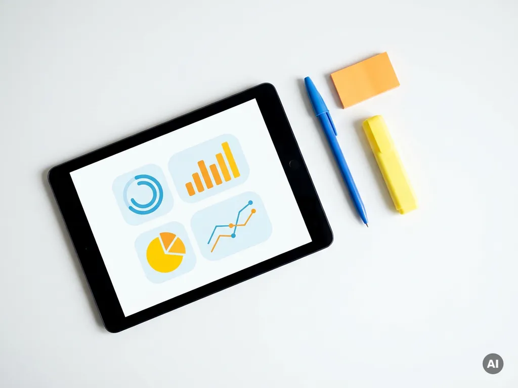 Tablet met kleurrijk CRM-dashboard met grafieken op wit bureau, omringd door pen, sticky note en markeerstift.