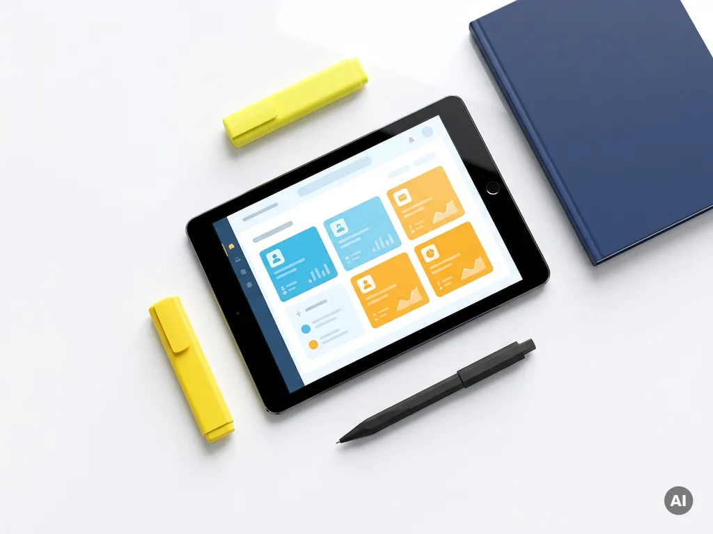 Tablet met kleurrijk CRM-dashboard met blauwe en oranje klantenkaarten, omringd door een gele markeerstift, notitieboek en pen.