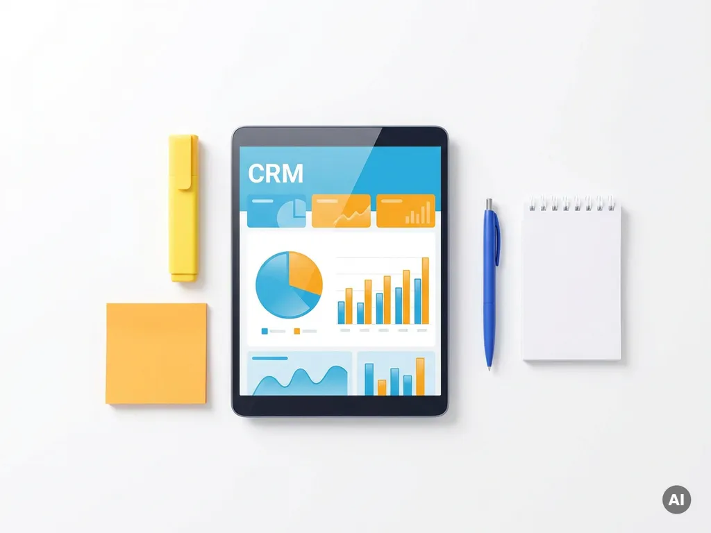 Tablet met kleurrijk CRM-dashboard omringd door gele markeerstift, oranje sticky note en blauwe pen op wit oppervlak.