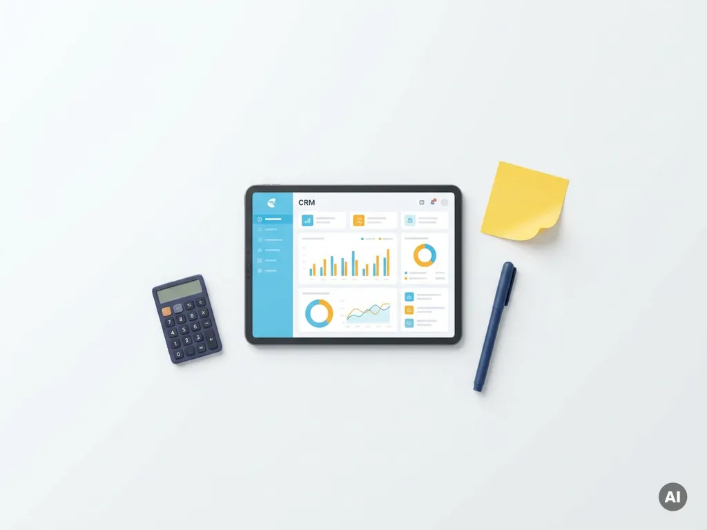 Tablet met kleurrijk CRM-dashboard omringd door gele sticky note, donkerblauwe pen en rekenmachine op witte ondergrond.