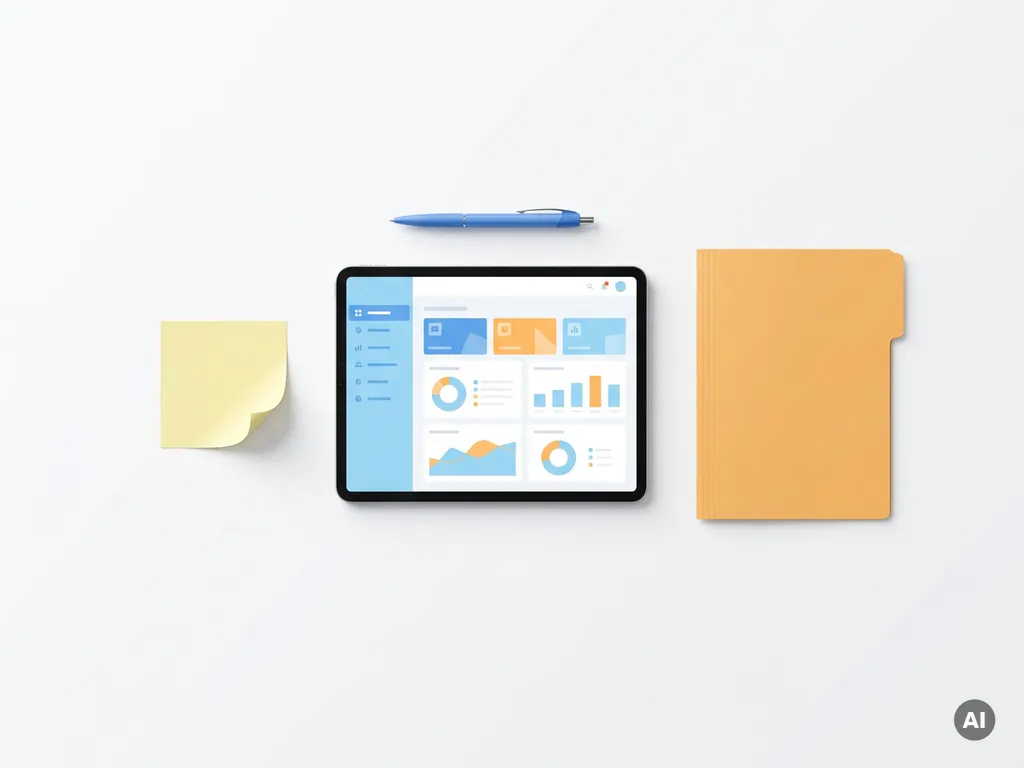 Tablet met kleurrijk CRM-dashboard omringd door gele notitie, blauwe pen en oranje map op witte ondergrond.