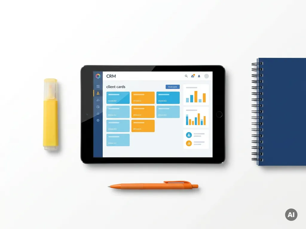 Tablet met kleurrijk CRM-dashboard in blauw en oranje, omringd door een gele markeerstift, donkerblauw notitieboek en oranje pen op wit bureau.