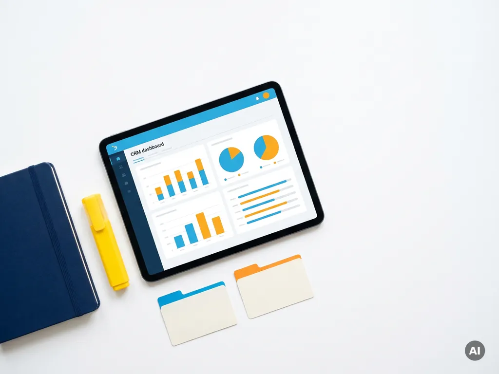 Tablet met kleurrijk CRM-dashboard met blauwe en oranje grafieken, naast een gele markeerstift, donkerblauw notitieboek en gekleurde kaartjes.