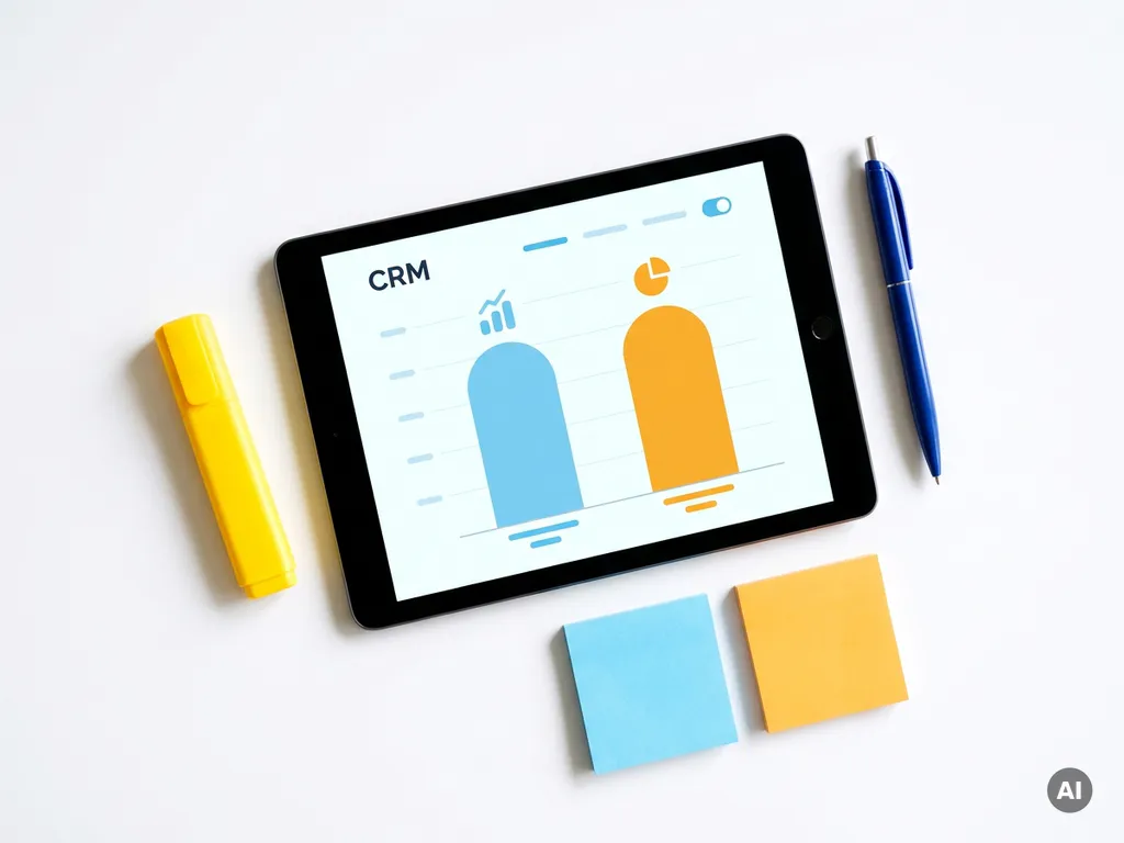 Tablet met kleurrijk CRM-dashboard met blauwe en oranje staafdiagrammen, omringd door markeerstift, pen en sticky notes op wit oppervlak.