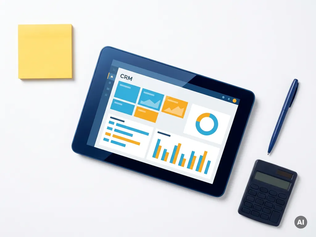 Tablet met kleurrijk CRM-dashboard in blauw en oranje, omringd door gele sticky note, pen en calculator op witte ondergrond.