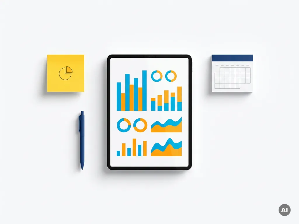 Tablet met kleurrijk CRM-dashboard in blauw en oranje, omringd door een gele sticky note, pen en kalender op wit oppervlak.
