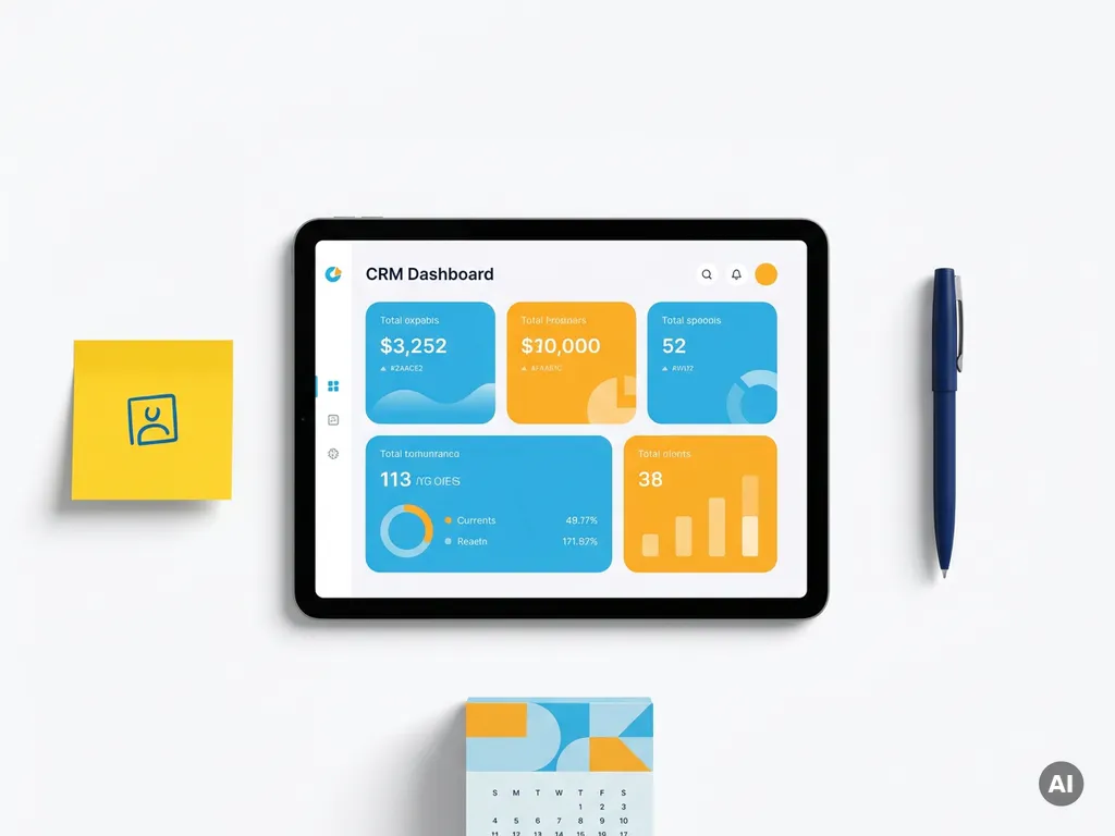 Tablet met kleurrijk CRM-dashboard in blauw en oranje, omringd door gele sticky note, donkerblauwe pen en kalender op witte ondergrond.