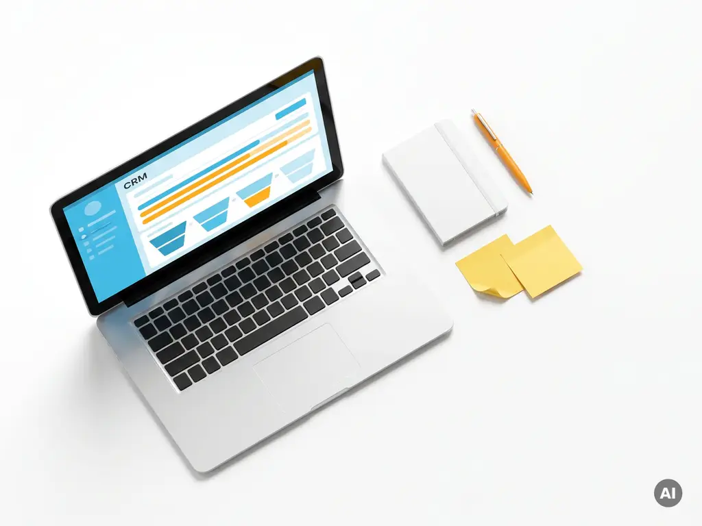 Laptop met kleurrijk CRM-dashboard in blauw en oranje, omringd door notitieboekje, pen en gele sticky notes op witte ondergrond.