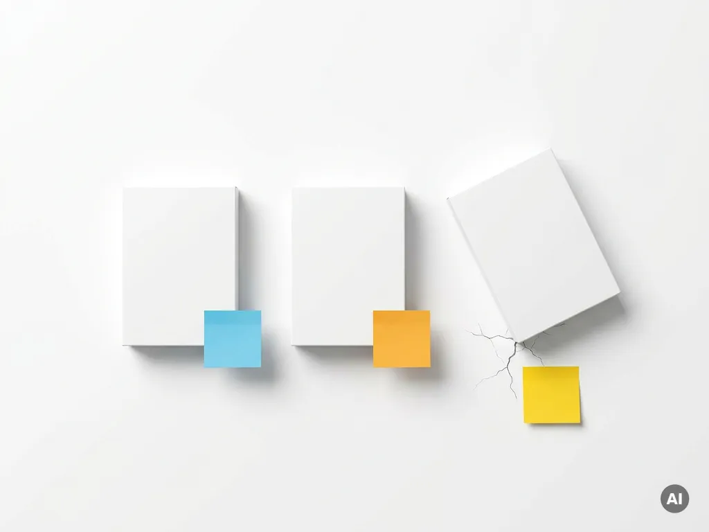Drie identieke CRM-softwareboxen op wit bureau, één gekanteld met zichtbare scheur, gekleurde sticky notes als waarschuwingsmarkeringen.
