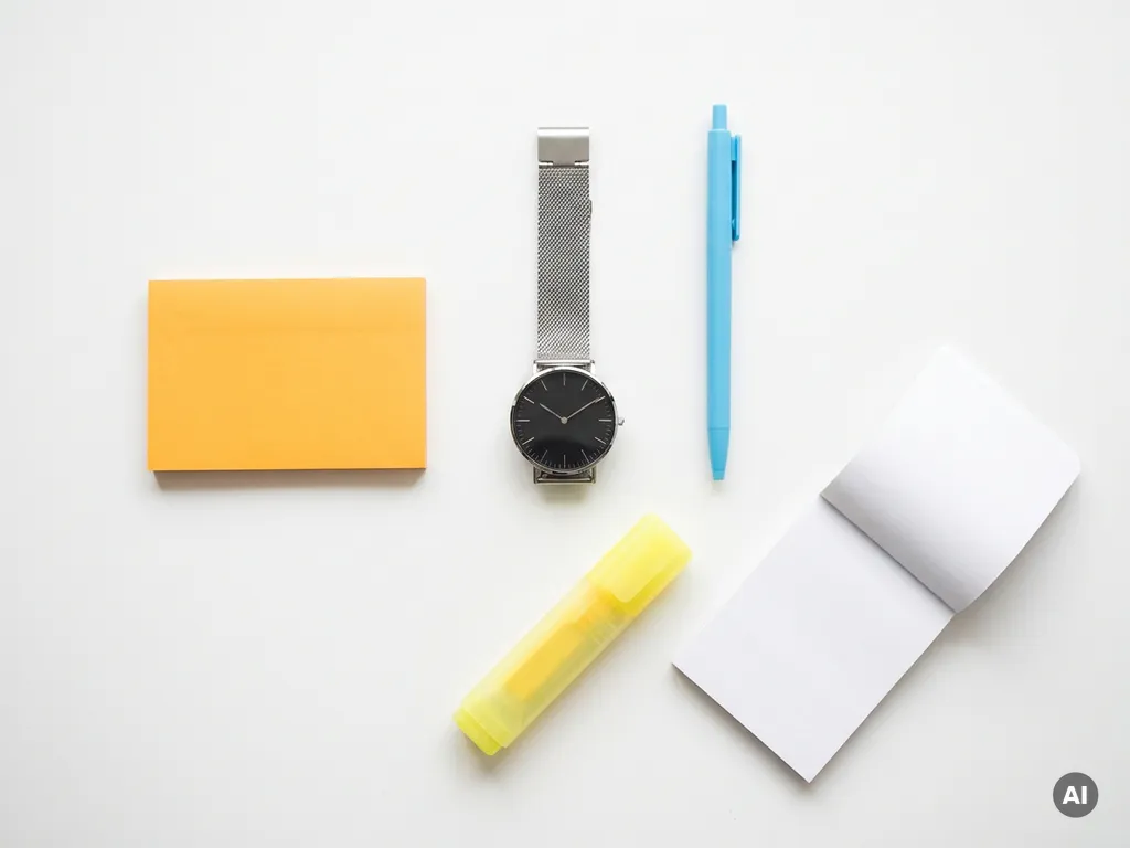 Moderne horloge in bovenaanzicht op wit bureau met oranje sticky note, lichtblauwe pen en gele markeerstift.