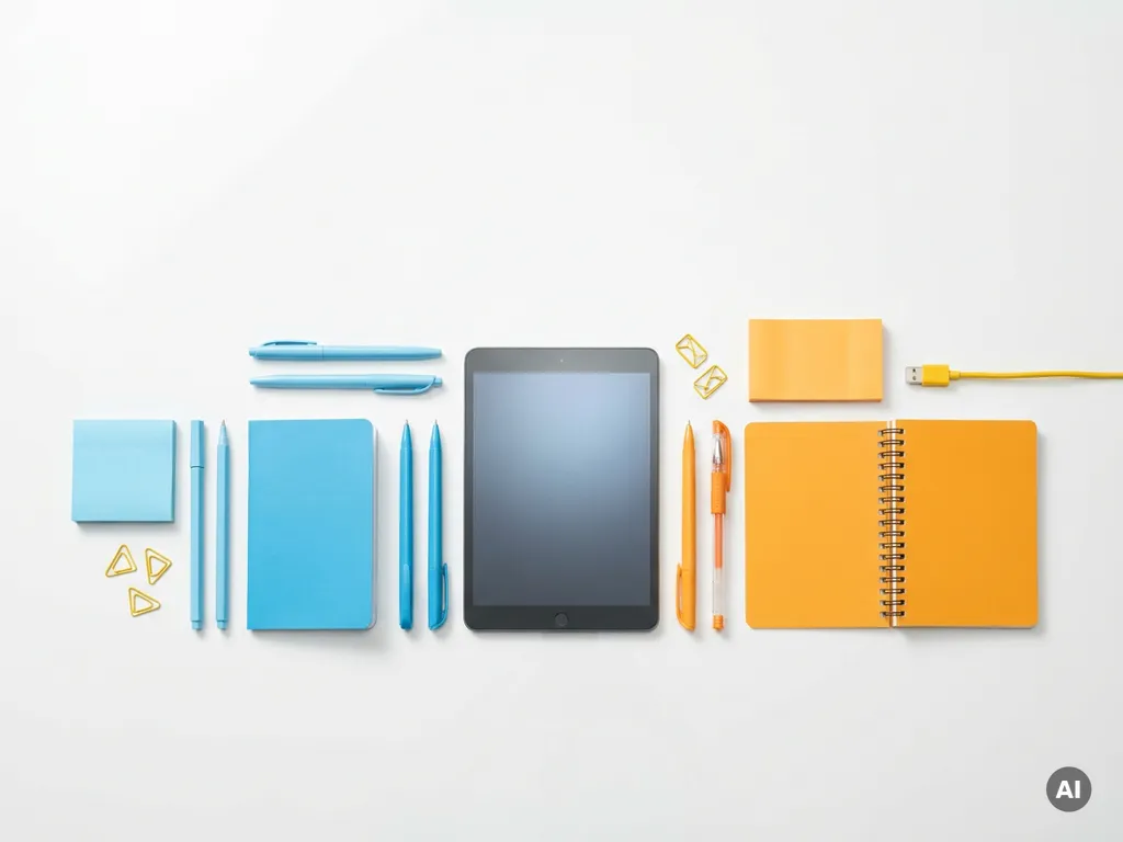 Kleurrijke pennen, notitieboekjes en sticky notes in blauw en oranje samengevoegd rond een tablet op wit bureau.