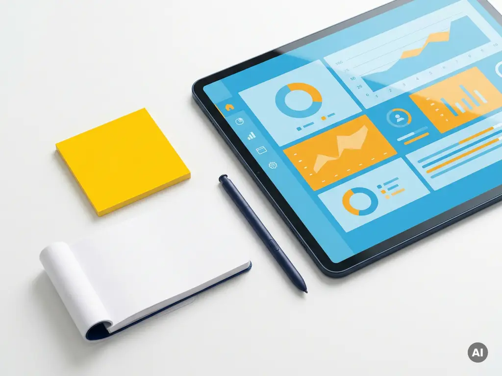 Tablet met kleurrijk klantcontact dashboard in lichtblauw en oranje, omringd door pen, gele sticky note en notitieboekje op wit bureau.