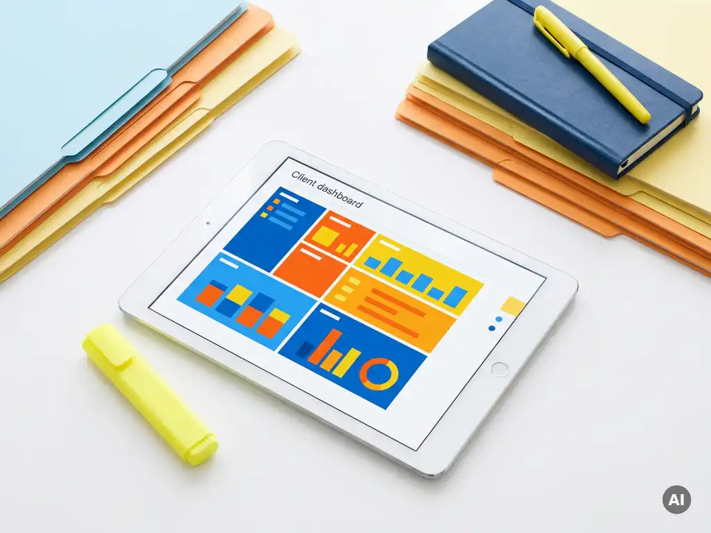 Tablet met kleurrijk klantendashboard in blauw en oranje, omringd door een gele markeerstift, notitieboekje en gekleurde mappen op wit bureau.