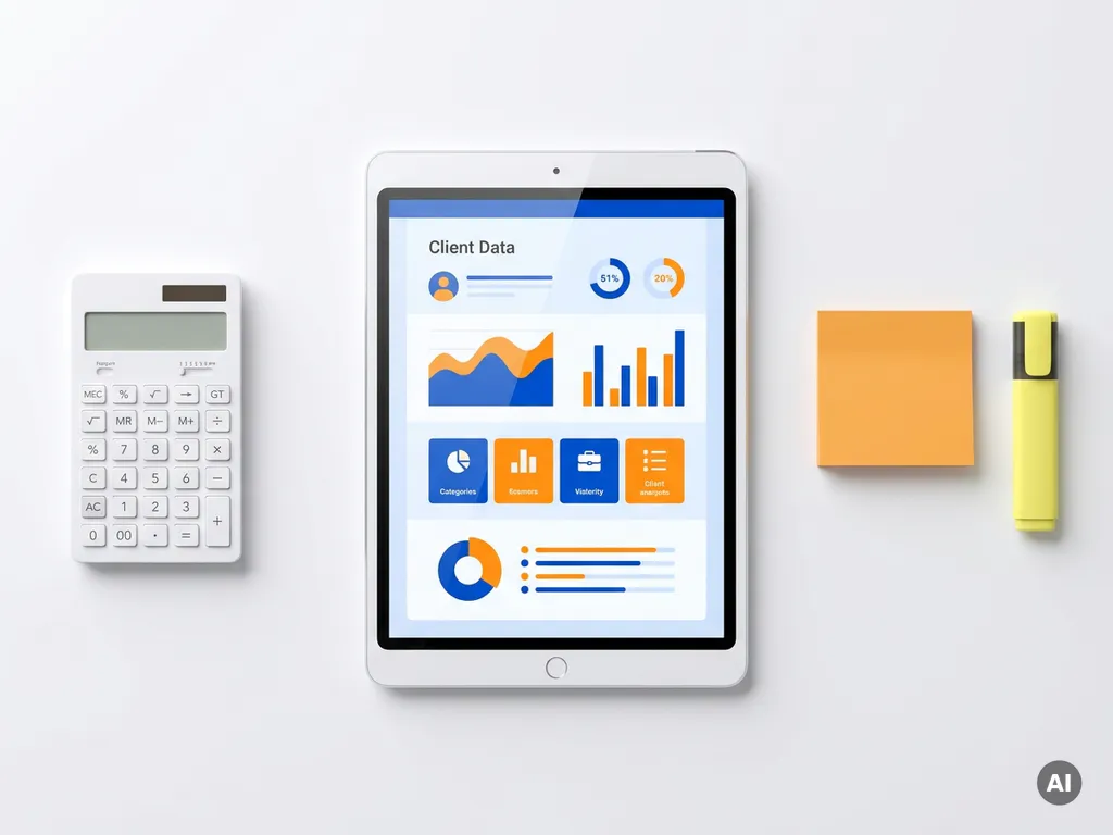 Tablet met kleurrijk klantgegevensdashboard in blauw en oranje, naast rekenmachine, sticky note en markeerstift op wit bureau.