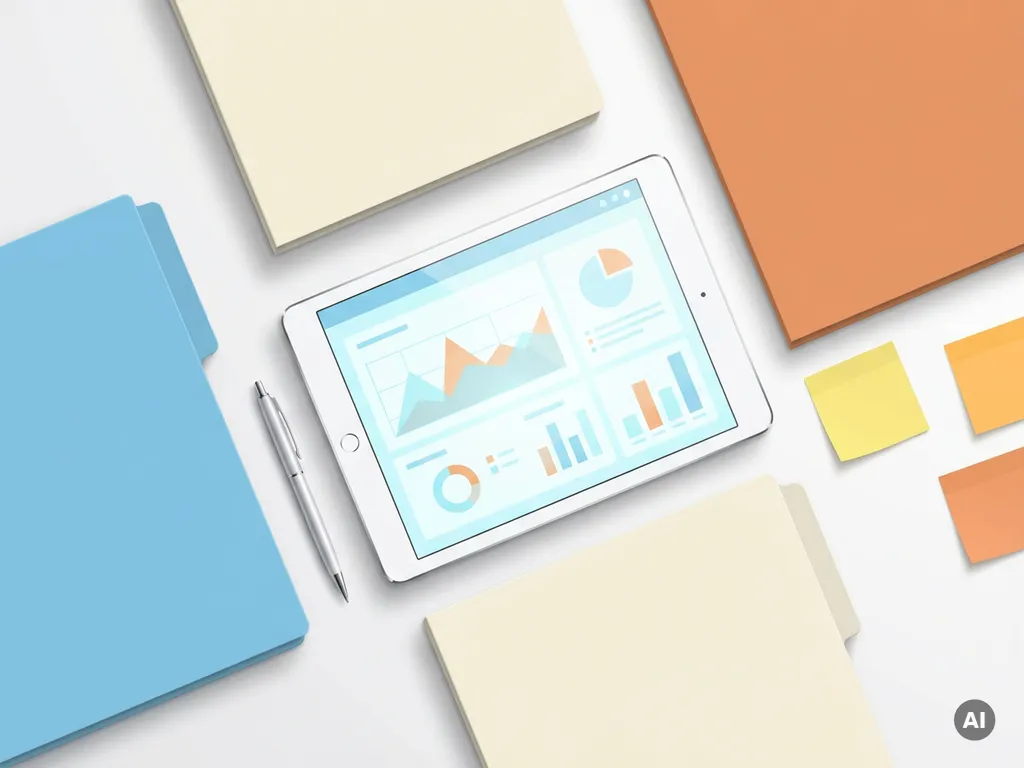 Tablet met kleurrijk klantendashboard in lichtblauw en oranje, omringd door gekleurde mappen, een pen en gele sticky notes op wit bureau.