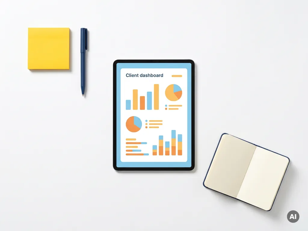Tablet met kleurrijk klantendashboard in oranje en blauw, omringd door gele sticky note, pen en notitieboekje op wit bureau.
