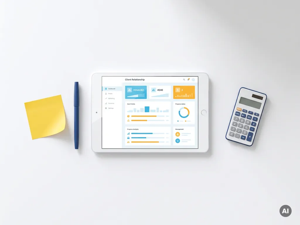 Tablet met kleurrijk CRM-dashboard in blauw en oranje, omringd door gele sticky note, pen en rekenmachine op wit bureau.