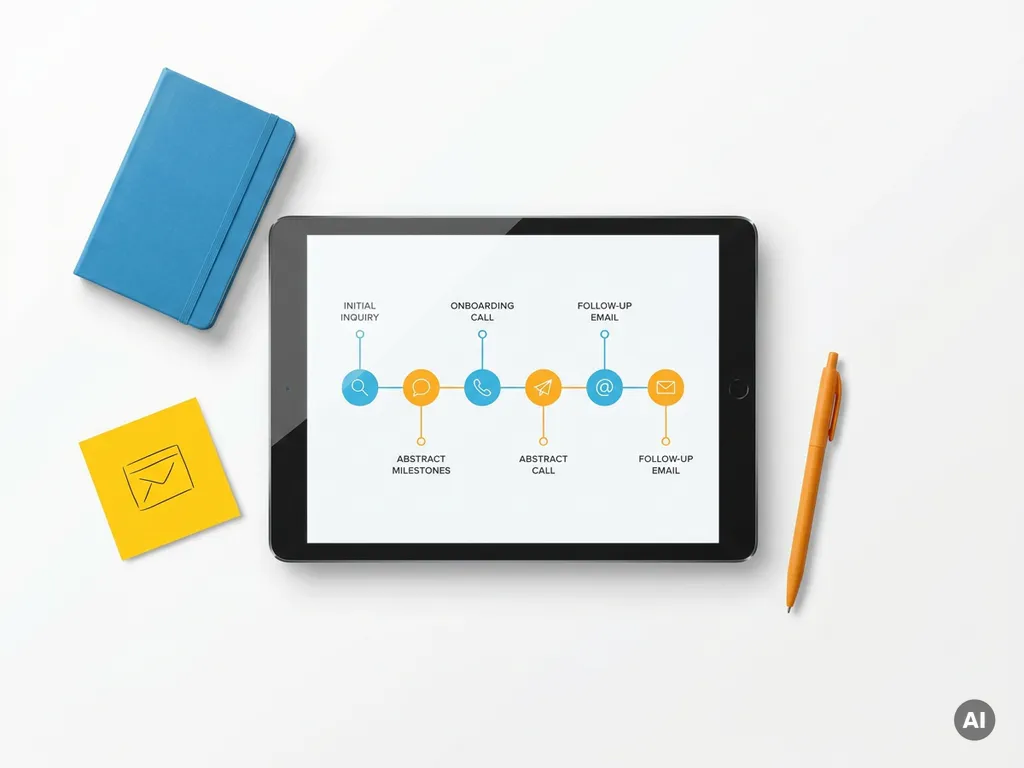 Tablet met kleurgecodeerde klanttijdlijn, omringd door notitieboekje, sticky note en pen op wit oppervlak.