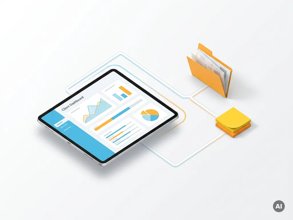 Tablet met kleurrijk klantendashboard in blauw en oranje, verbonden met projectmap en gele sticky notes op wit oppervlak.