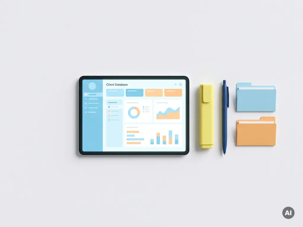 Tablet met kleurrijk klantendatabase-dashboard in lichtblauw en oranje, omringd door een markeerstift, pen en gekleurde mappen op wit bureau.