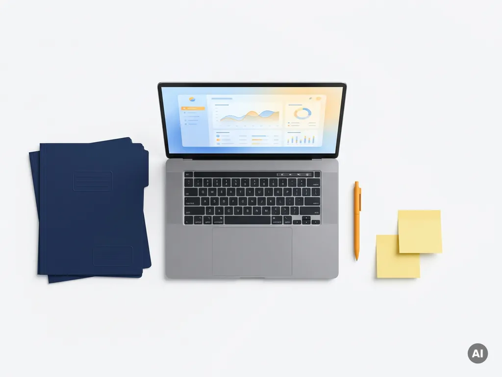 Laptop met klantendatabase-dashboard, omringd door donkerblauwe mappen, een oranje pen en gele sticky notes op wit oppervlak.