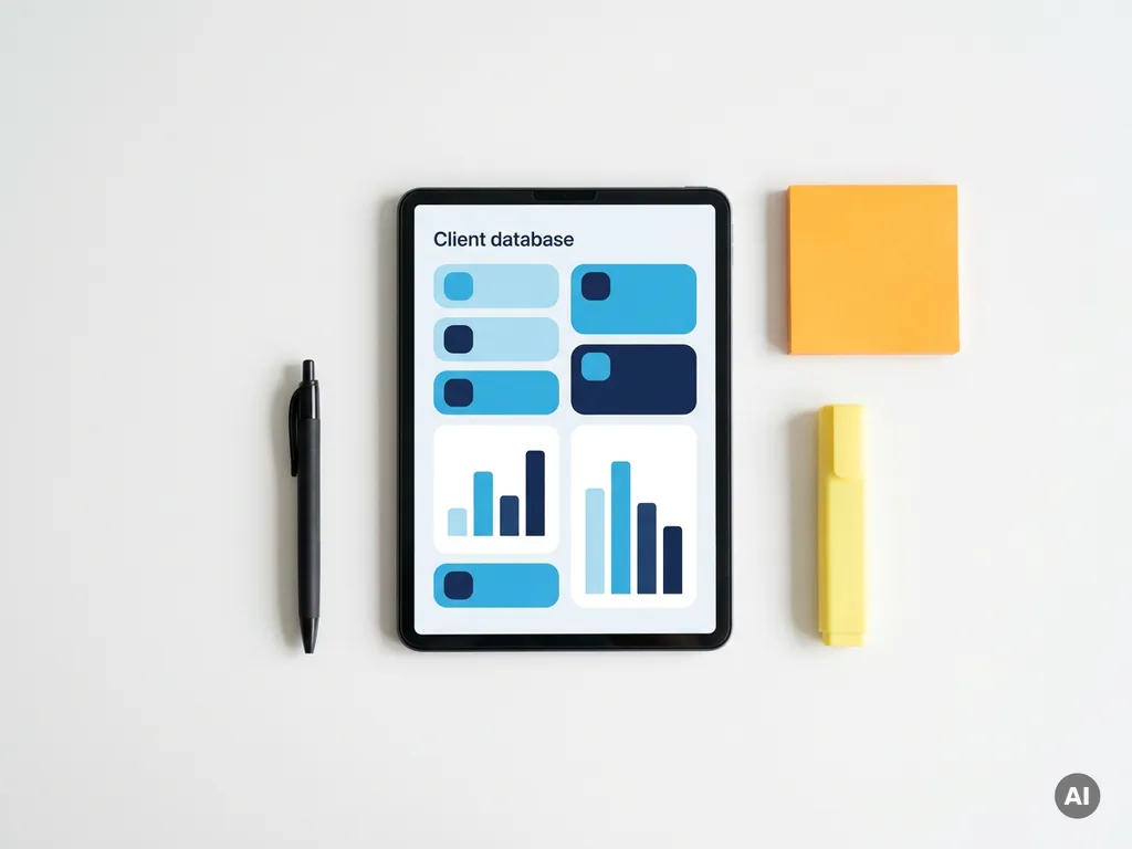 Tablet met klantendatabase dashboard in blauw tinten, omringd door oranje sticky note, gele markeerstift en pen op wit bureau.