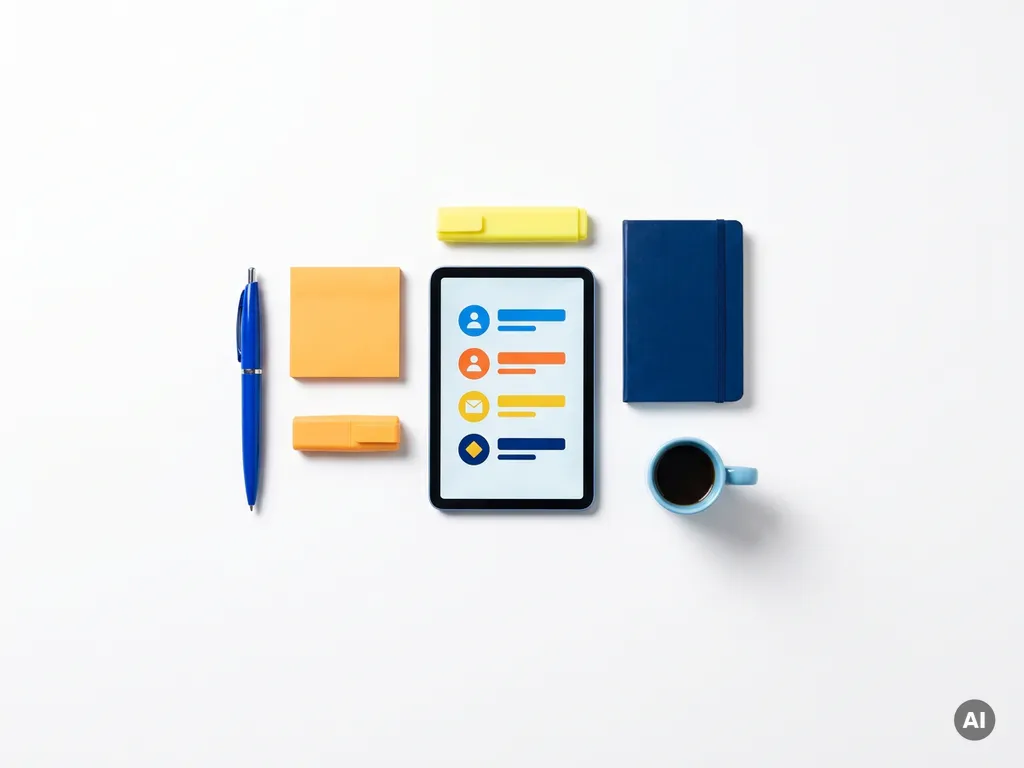Minimalistische bovenaanzicht van bureauobjecten: blauwe pen, oranje sticky note, gele markeerstift, donkerblauw notitieboek en lichtblauwe koffiebeker rond een tablet met contactlijst.