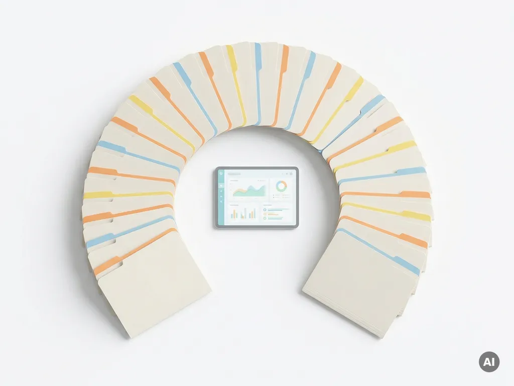 Kleurgecodeerde clientmappen in blauw, oranje en geel waaieren uit rond een tablet met dashboard op wit oppervlak.