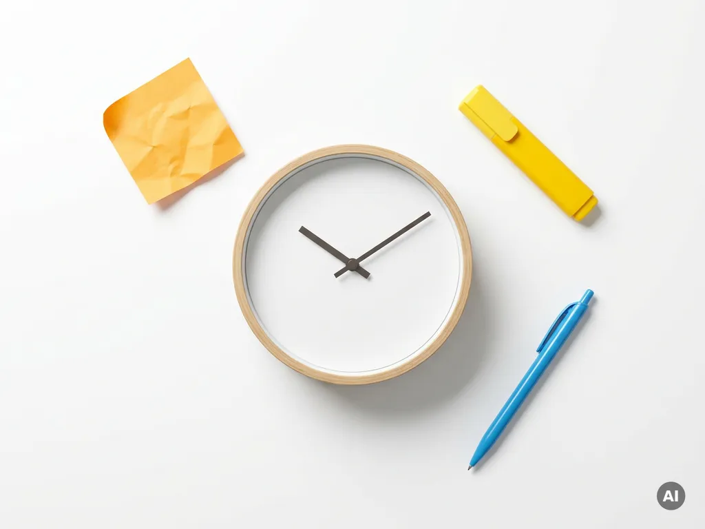 Analoog horloge plat op wit bureau met oranje sticky note, gele markeerstift en blauwe pen, minimalistische flatlay.