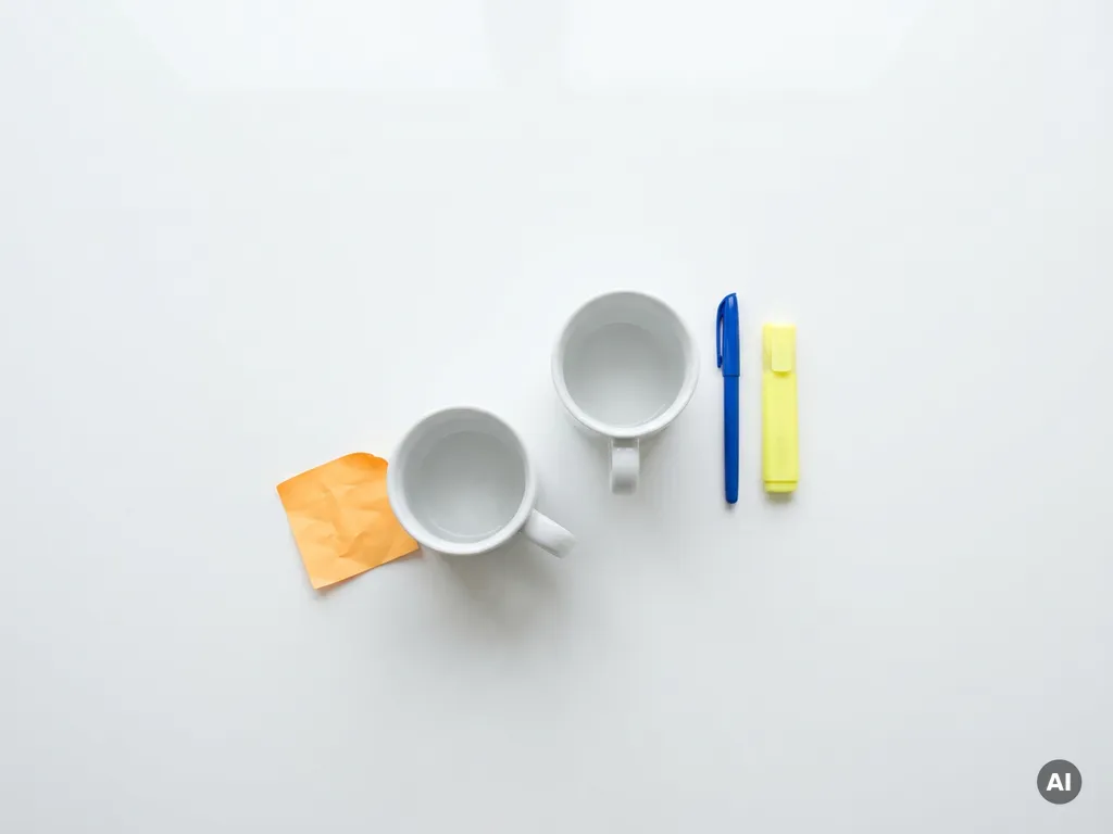 Twee witte koffiekopjes op een wit bureau, één met een oranje sticky note, blauwe pen en gele markeerstift ernaast.