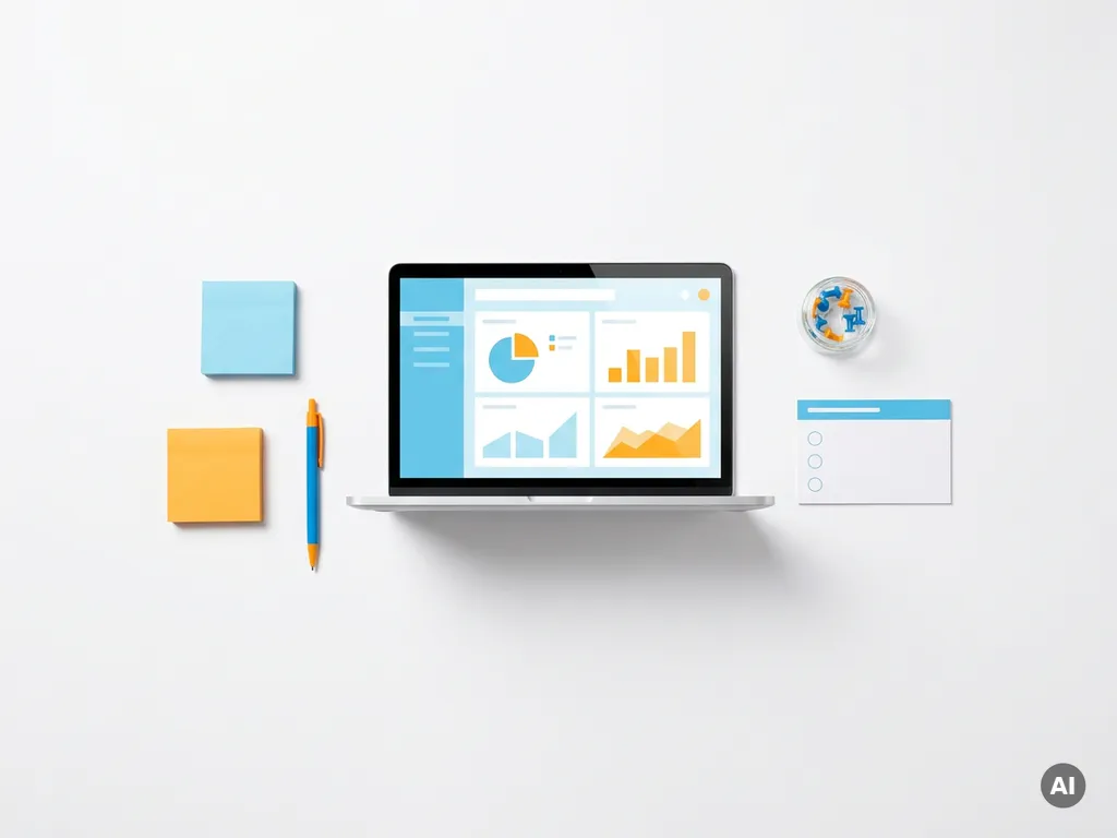 Minimalistische flatlay van laptop met kleurrijk dashboard, omringd door sticky notes, pen en checklist op wit oppervlak.