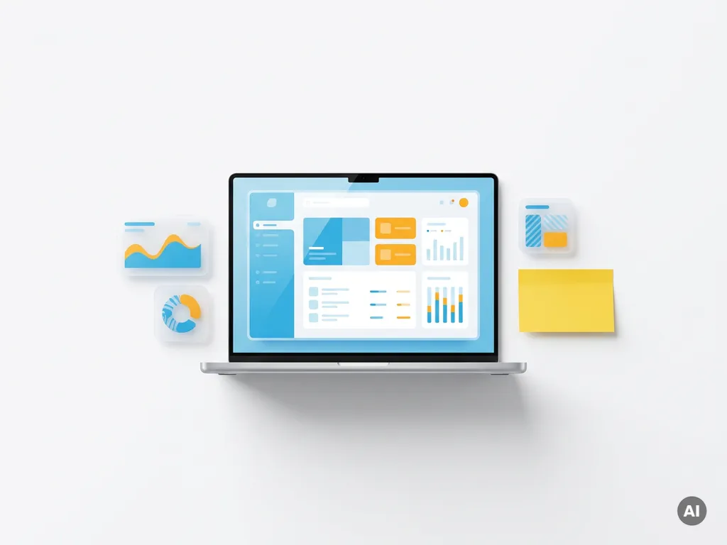 Laptop met kleurrijk dashboard in lichtblauw en oranje, omringd door datakaarten en een gele sticky note op wit oppervlak.