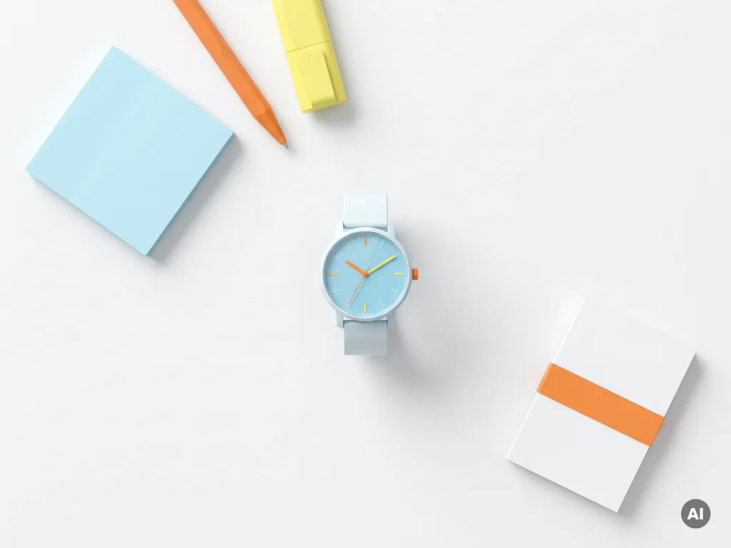 Minimalistisch bovenaanzicht van een modern horloge op wit bureau met blauwe sticky note, oranje pen en gele markeerstift.