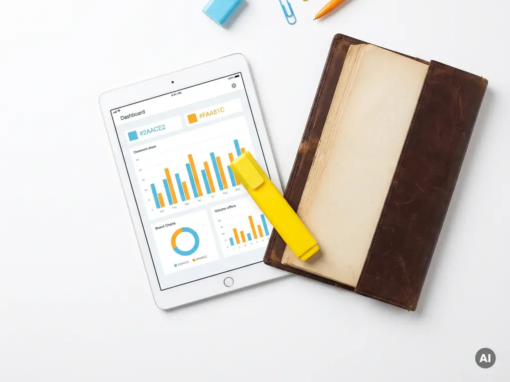 Tablet met kleurrijk dashboard naast een oud leren grootboek, met gele markeerstift, op wit oppervlak.