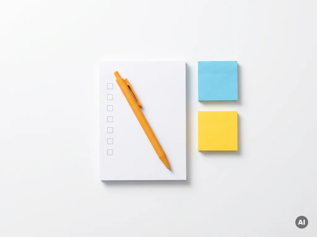 Minimalistisch notitieboekje met zeven checkboxes, oranje pen en gekleurde sticky notes op wit oppervlak.