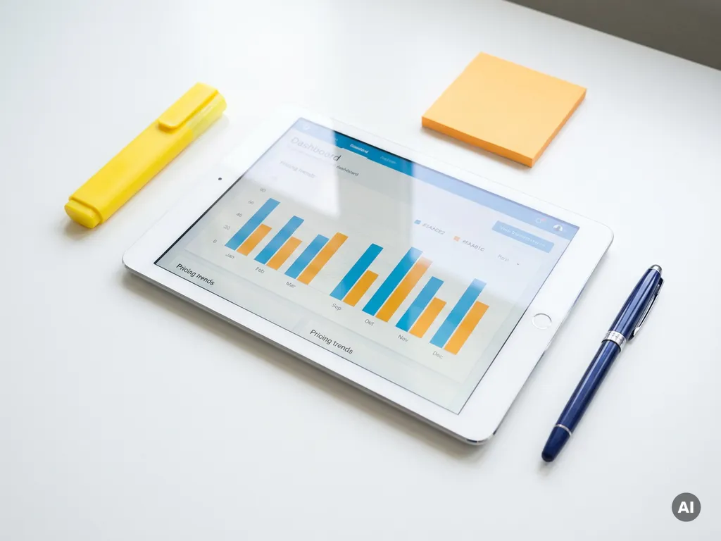 Tablet met kleurrijk prijsdashboard met blauwe en oranje staafdiagrammen, omringd door een gele markeerstift, oranje sticky note en donkerblauwe pen op wit bureau.