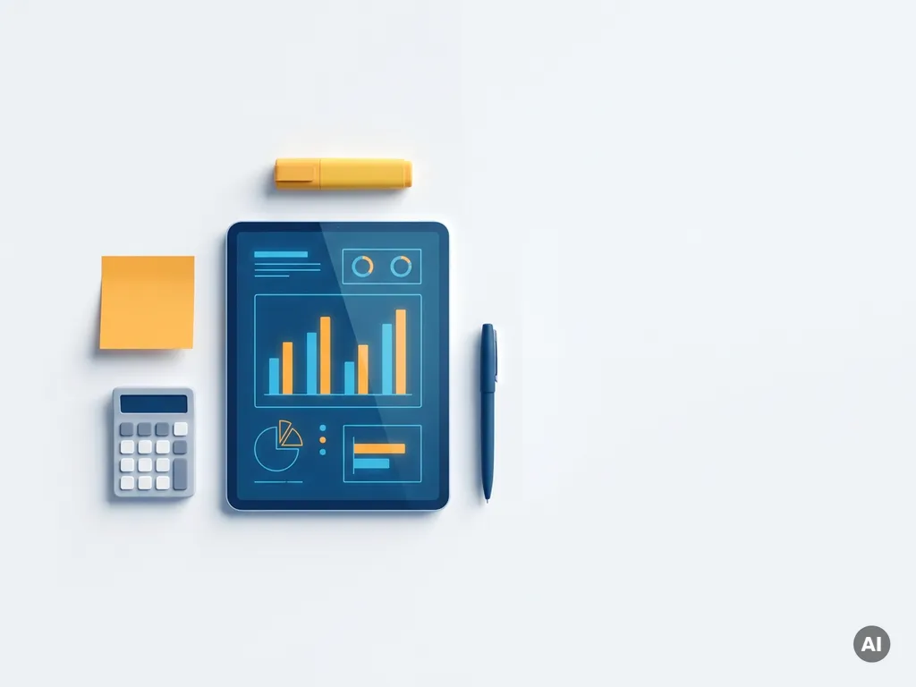 Tablet met kleurrijk prijsdashboard met blauwe en oranje staafdiagrammen, omringd door calculator, sticky note en markeerstift op wit bureau.