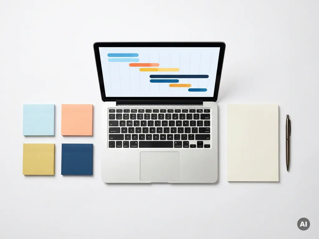 Laptop met kleurrijke projecttijdlijn, omringd door gekleurde post-its, notitieboek en pen op wit bureau.