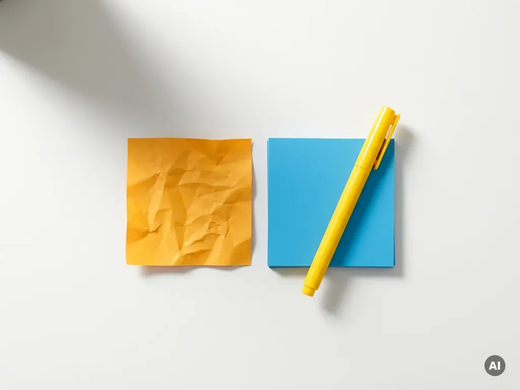 Verfrommeld oranje plakbriefje naast een nette stapel blauwe projectkaarten op een wit bureau, met een gele markeerstift er schuin overheen.