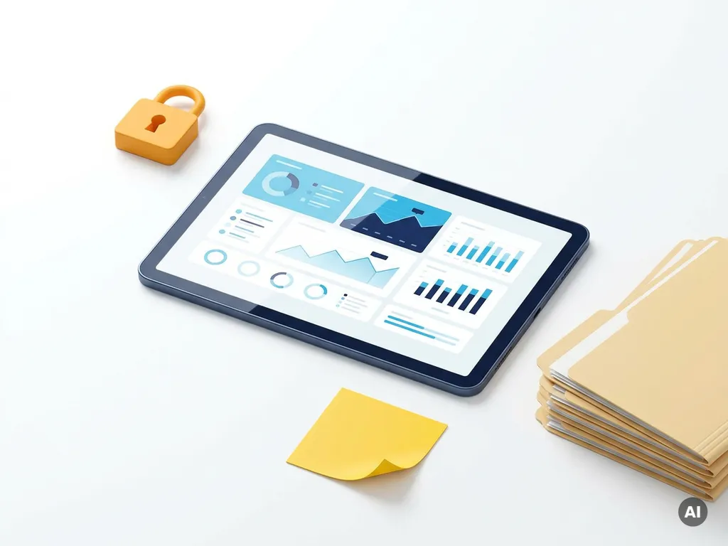 Tablet met blauw beveiligingsdashboard, oranje hangslot, clientmappen en gele sticky note op wit oppervlak.