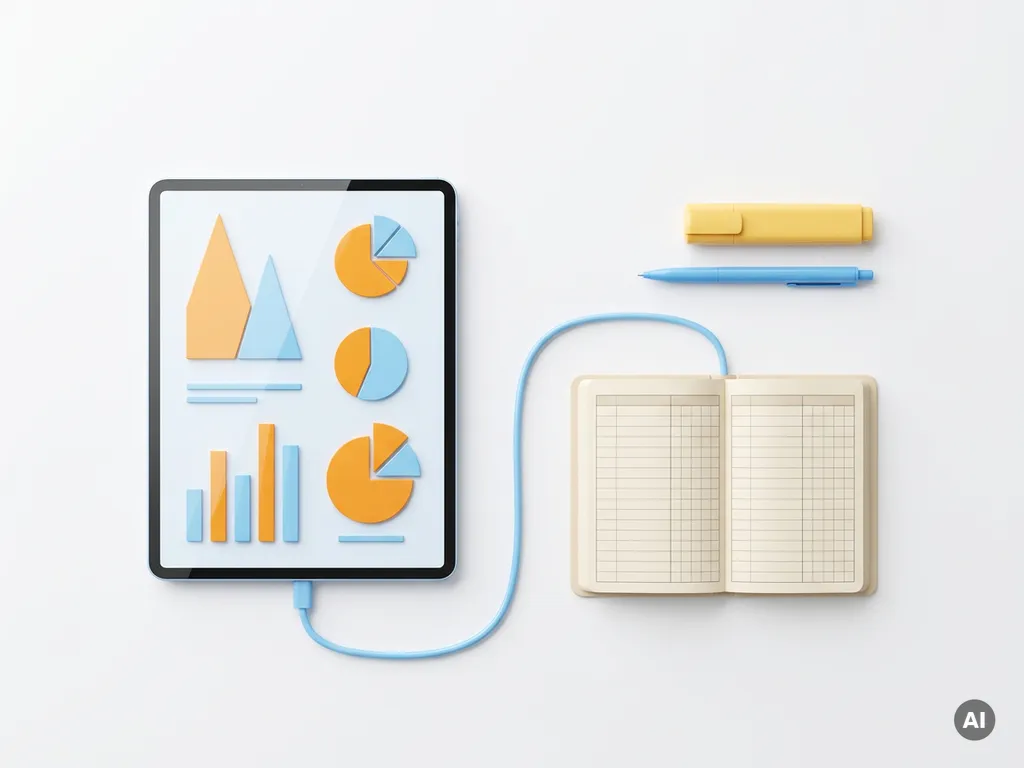 Tablet met kleurrijk dashboard van oranje en blauwe grafieken naast een open kasboek, gele markeerstift en blauwe pen op witte ondergrond.