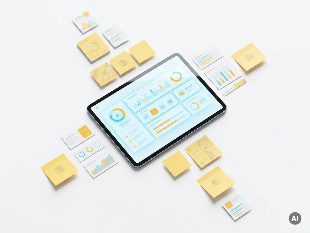 Tablet met kleurrijk dashboard in blauw en oranje, omringd door datakaarten en gele sticky notes op wit oppervlak.