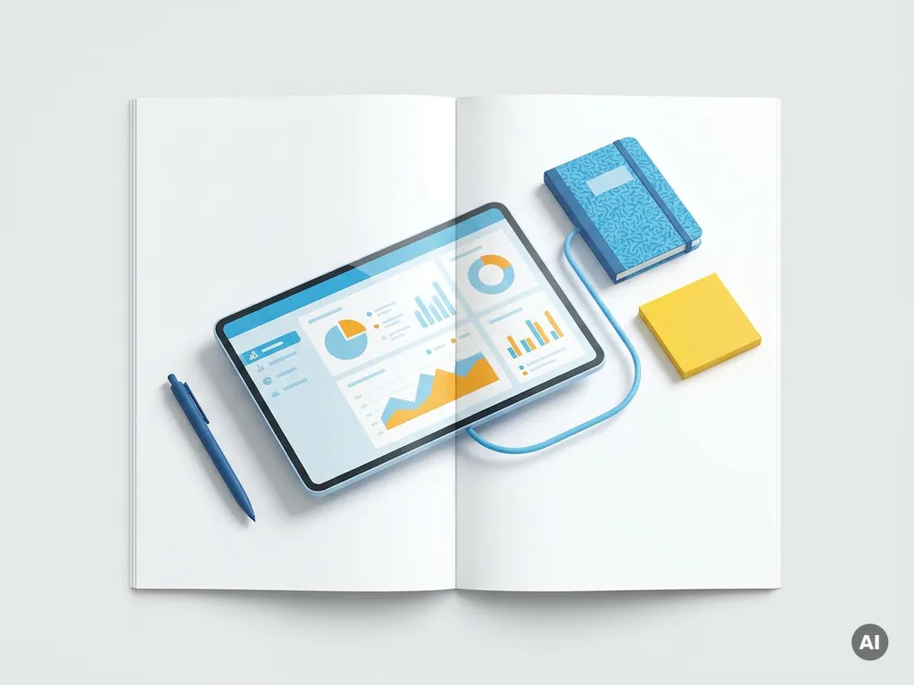 Tablet met kleurrijk dashboard in lichtblauw en oranje, verbonden met een kasboek, sticky note en pen op wit oppervlak.