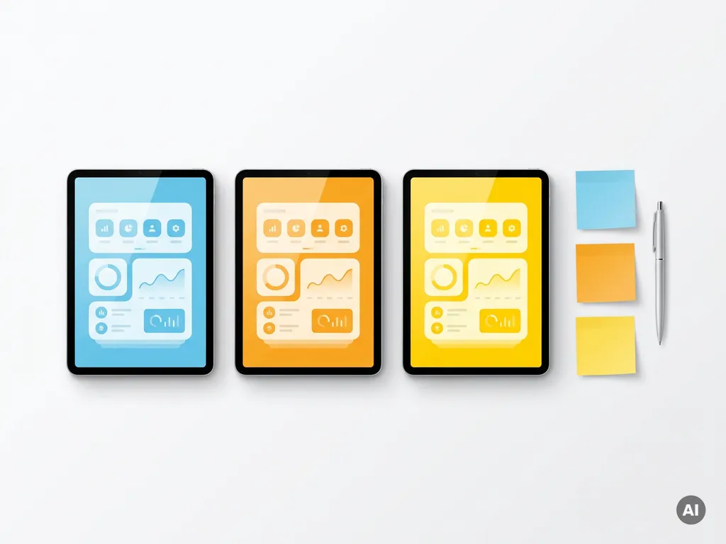 Drie tablets naast elkaar op wit bureau met kleurrijke dashboards in blauw, oranje en geel, omringd door sticky notes en een pen.
