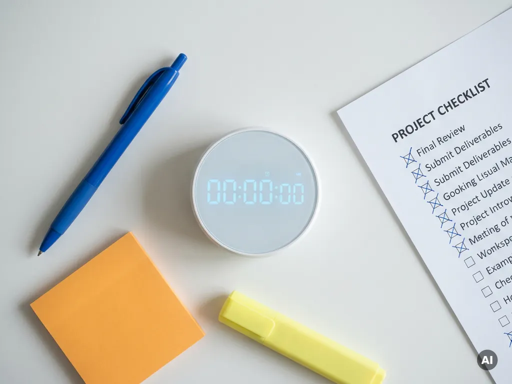 Stopwatch op wit bureau omringd door blauwe pen, oranje sticky note en gele markeerstift naast een afgevinkte projectchecklist.
