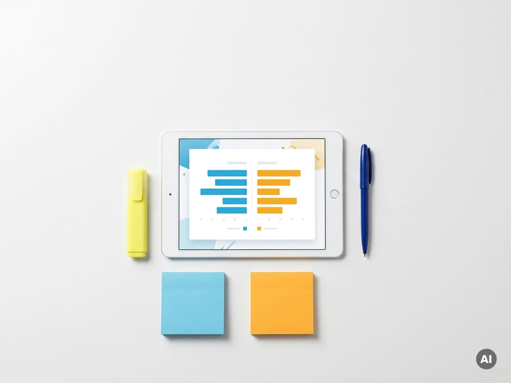 Tablet met kleurrijk vergelijkingsdashboard met blauwe en oranje staafdiagrammen, omringd door markeerstift, pen en sticky notes op wit bureau.