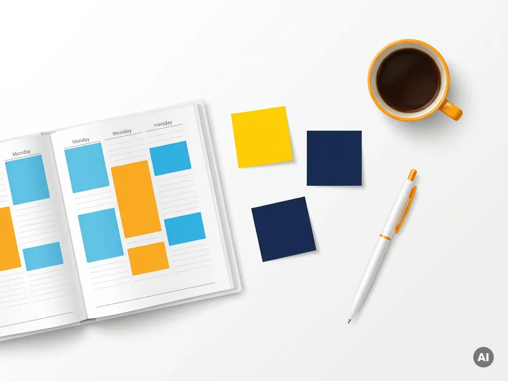Bovenaanzicht van een minimalistische werkplek met een open planner, kleurrijke weekblokken, gele post-its, pen en koffiekopje op wit bureau.